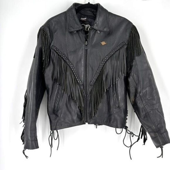Vintage 80s First Genuine Leather Women's lined Fringe Moto Jacket Black Medium - Picture 1 of 16
